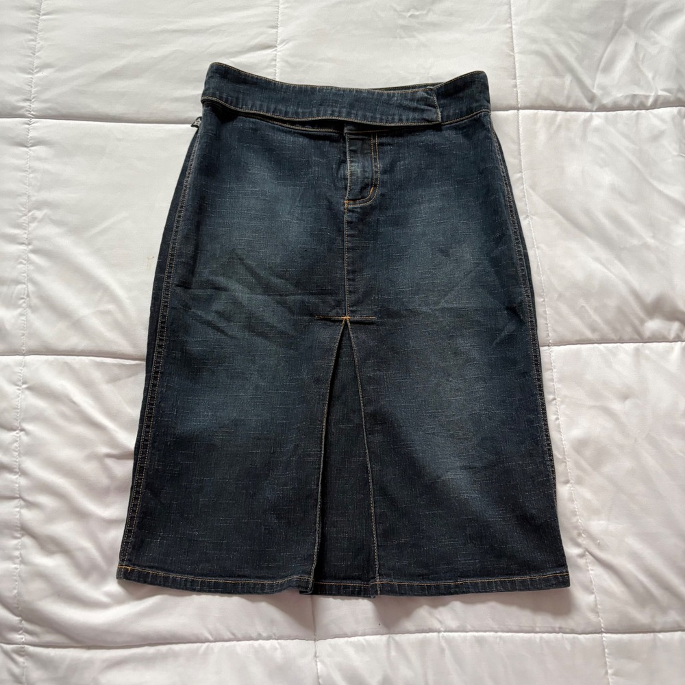 Vintage 90s Midi Skirt Dark Wash Denim Blue Double Snap Womens 5 Y2K Streetwear